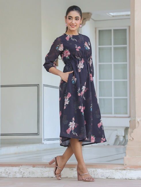 Black Georgette Floral Printed A-line Dress