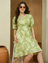 Janasya Women's Light Green Pure Cotton Floral Printed A-line Dress