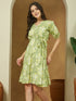 Janasya Women's Light Green Pure Cotton Floral Printed A-line Dress