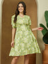 Janasya Women's Light Green Pure Cotton Floral Printed A-line Dress