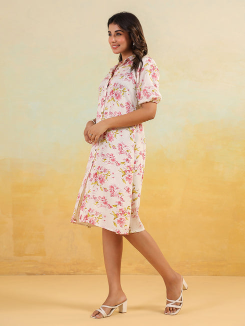 Janasya Women's Off White Linen Cotton Floral Printed A-line Button Down Shirt Dress