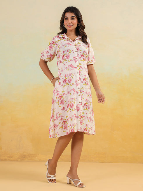 Janasya Women's Off White Linen Cotton Floral Printed A-line Button Down Shirt Dress