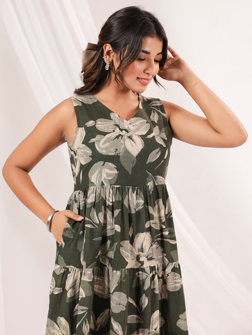 Janasya Women's Olive Green Cotton Floral Printed Tiered Dress