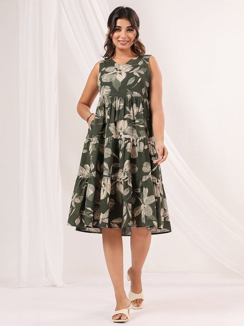 Janasya Women's Olive Green Cotton Floral Printed Tiered Dress