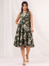 Janasya Women's Olive Green Cotton Floral Printed Tiered Dress