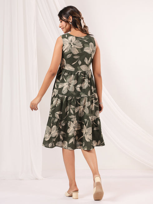 Janasya Women's Olive Green Cotton Floral Printed Tiered Dress