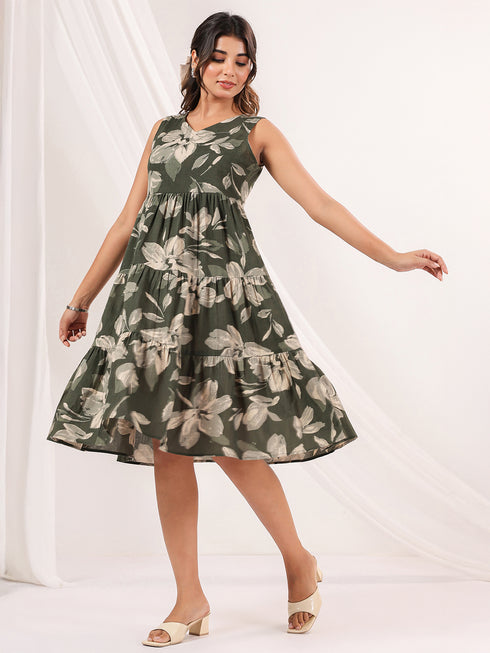 Janasya Women's Olive Green Cotton Floral Printed Tiered Dress