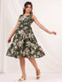 Janasya Women's Olive Green Cotton Floral Printed Tiered Dress