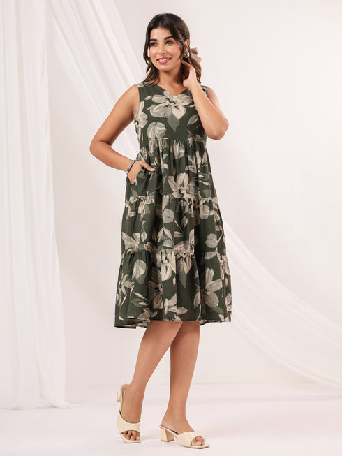 Janasya Women's Olive Green Cotton Floral Printed Tiered Dress