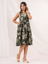 Janasya Women's Olive Green Cotton Floral Printed Tiered Dress