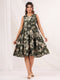 Janasya Women's Olive Green Cotton Floral Printed Tiered Dress