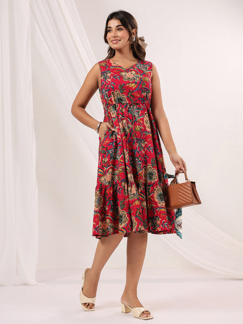 Janasya Women's Pink Pure Cotton Floral Printed Fit & Flare Dress