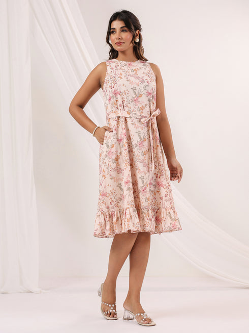 Janasya Women's Peach Pure Cotton Floral Printed A-line Dress