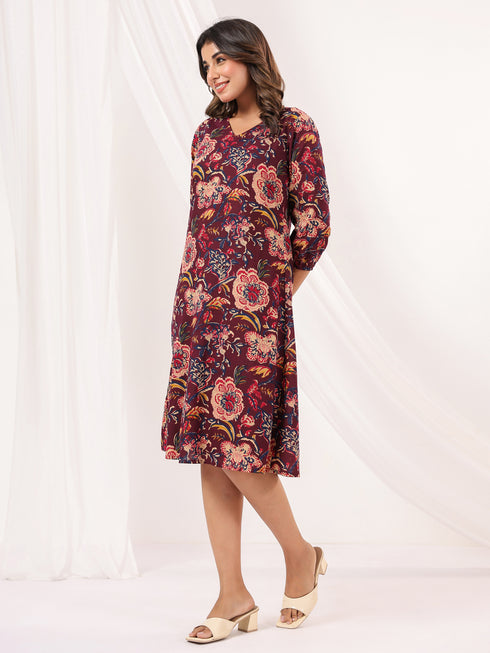 Janasya Women's Wine Pure Cotton Floral Peinted A-line Dress