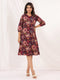 Janasya Women's Wine Pure Cotton Floral Peinted A-line Dress