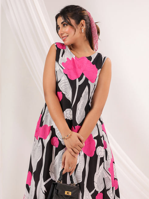 Janasya Women's Black Pure Cotton Floral Printed Handkerchief Dress