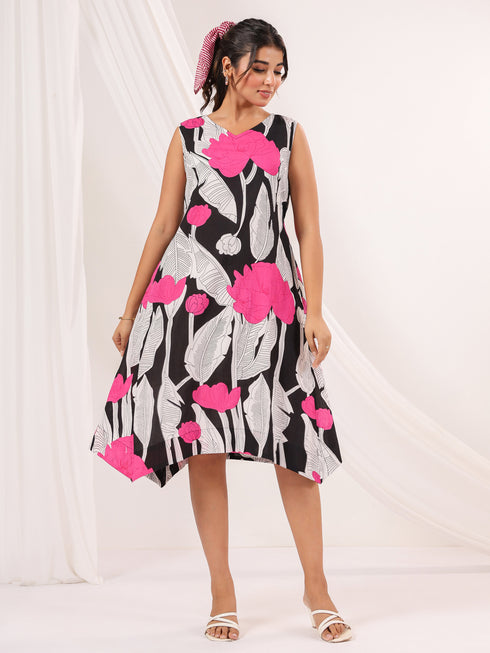 Janasya Women's Black Pure Cotton Floral Printed Handkerchief Dress