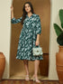 Janasya Women's Green Pure Cotton Floral Printed Fit & Flare Dress