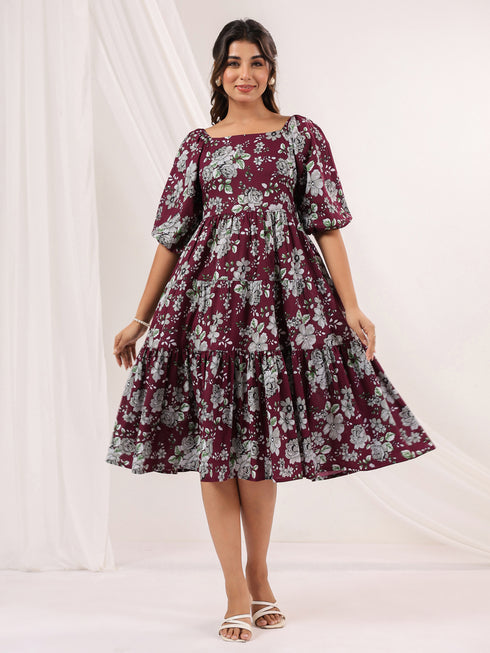 Janasya Women's Wine Pure Cotton Floral Printed Tiered Dress