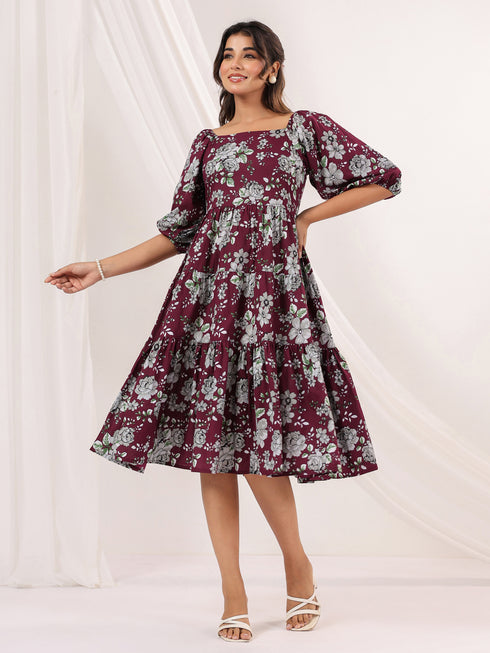 Janasya Women's Wine Pure Cotton Floral Printed Tiered Dress