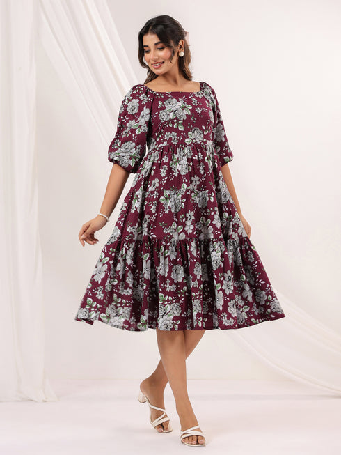Janasya Women's Wine Pure Cotton Floral Printed Tiered Dress