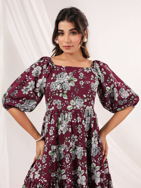 Janasya Women's Wine Pure Cotton Floral Printed Tiered Dress