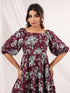 Janasya Women's Wine Pure Cotton Floral Printed Tiered Dress