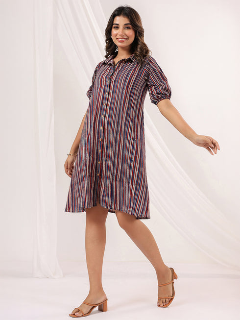 Janasya Women's Multicolor Pure Cotton Striped A-line Dress