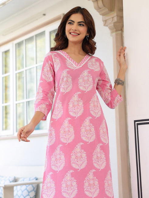 Light Pink Pure Cotton Ethnic Motifs Printed Straight Kurta Pant Set