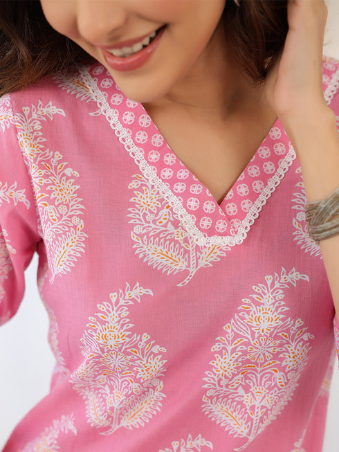 Light Pink Pure Cotton Ethnic Motifs Printed Straight Kurta Pant Set