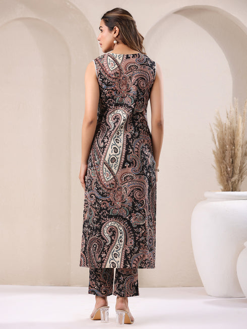 Black Pure Cotton Paisley Printed Straight Kurta Pant Set