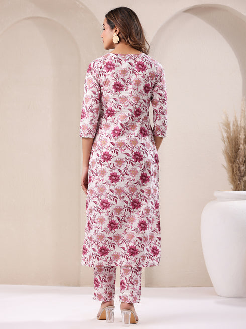 White & Pink Pure Cotton Floral Printed Straight Kurta Pant Set