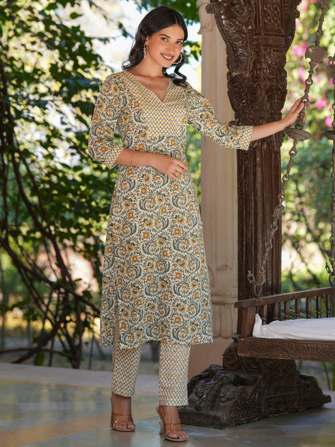 Off White Pure Cotton Floral Printed Straight Kurta Set