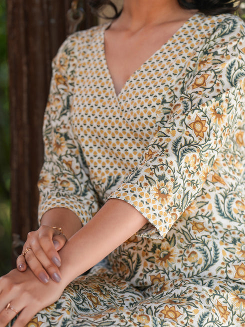 Off White Pure Cotton Floral Printed Straight Kurta Set