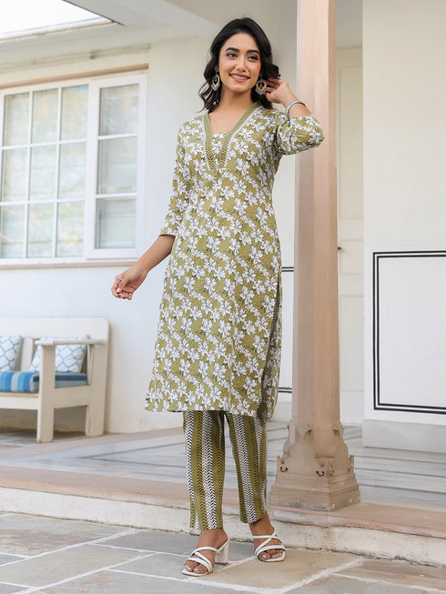 Olive Pure Cotton Floral Printed Straight Kurta Pant Set