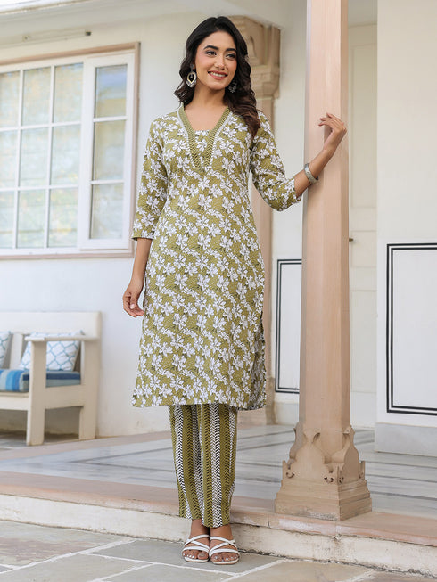 Olive Pure Cotton Floral Printed Straight Kurta Pant Set
