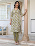 Olive Pure Cotton Floral Printed Straight Kurta Pant Set