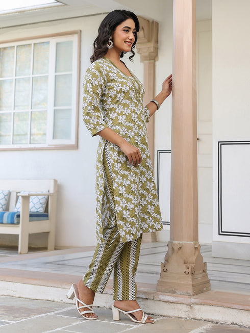 Olive Pure Cotton Floral Printed Straight Kurta Pant Set