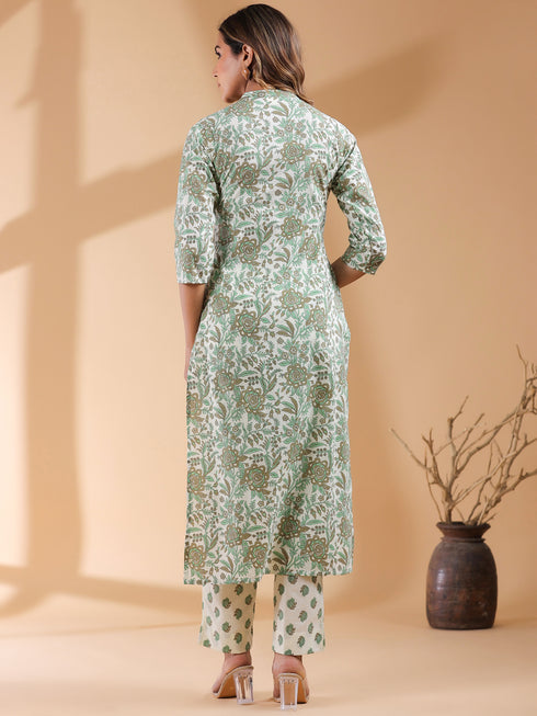 Cream Pure Cotton Floral Printed Straight Kurta Pant Set