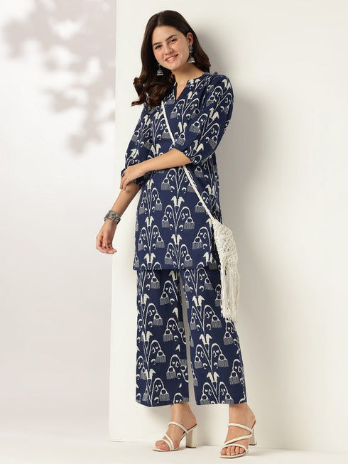 Navy Blue Pure Cotton Ikkat Printed Straight Co-ord Set