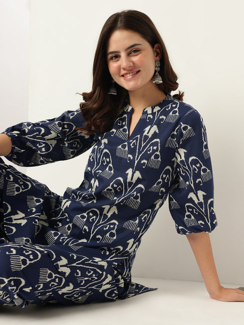 Navy Blue Pure Cotton Ikkat Printed Straight Co-ord Set
