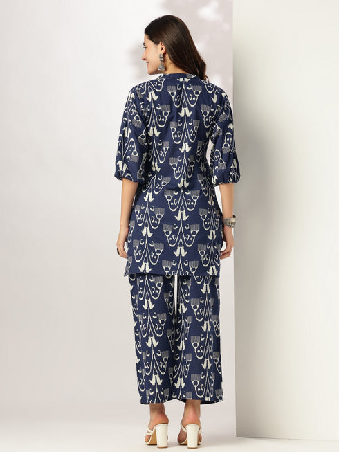 Navy Blue Pure Cotton Ikkat Printed Straight Co-ord Set