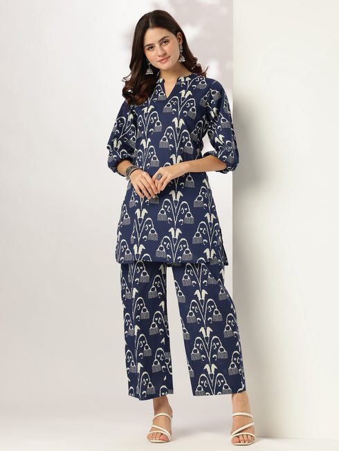 Navy Blue Pure Cotton Ikkat Printed Straight Co-ord Set