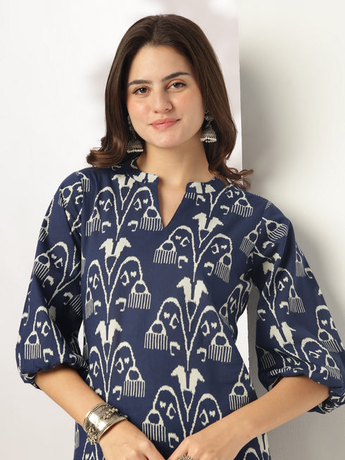 Navy Blue Pure Cotton Ikkat Printed Straight Co-ord Set