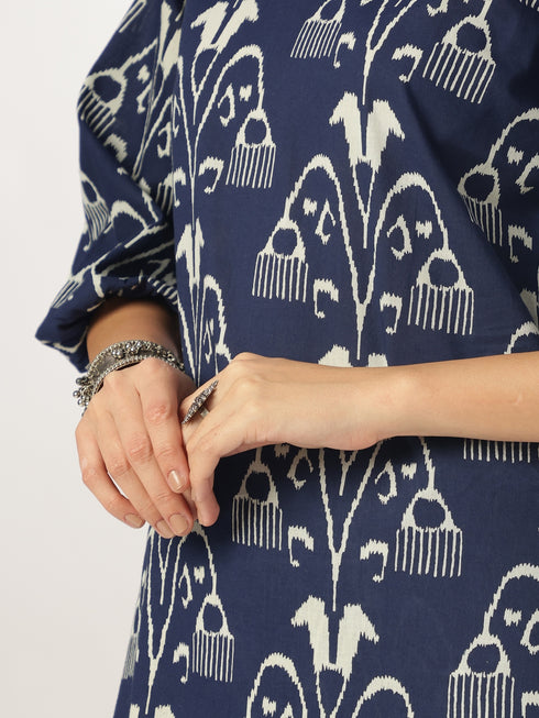 Navy Blue Pure Cotton Ikkat Printed Straight Co-ord Set