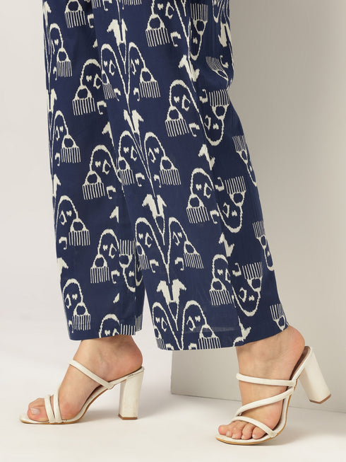 Navy Blue Pure Cotton Ikkat Printed Straight Co-ord Set