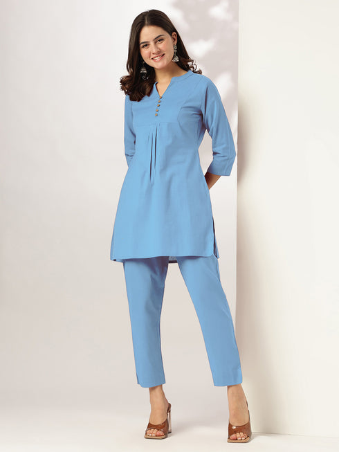 Janasya Women's Light Blue Linen Cotton Solid A-line Co-ord Set
