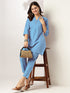 Janasya Women's Light Blue Linen Cotton Solid A-line Co-ord Set