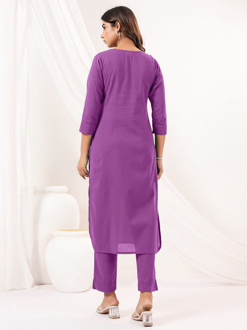 Janasya Women's Purple Cotton Solid Straight Kurta Pant Set