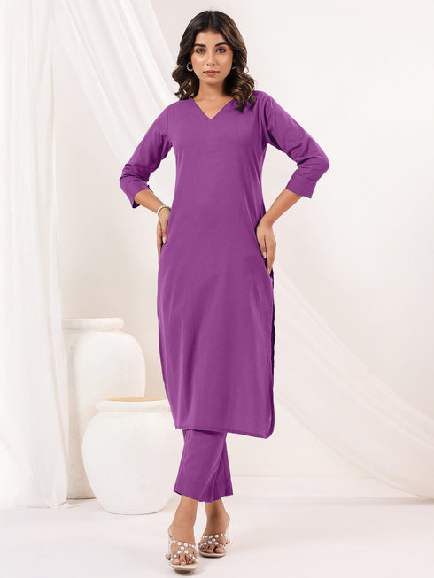 Janasya Women's Purple Cotton Solid Straight Kurta Pant Set
